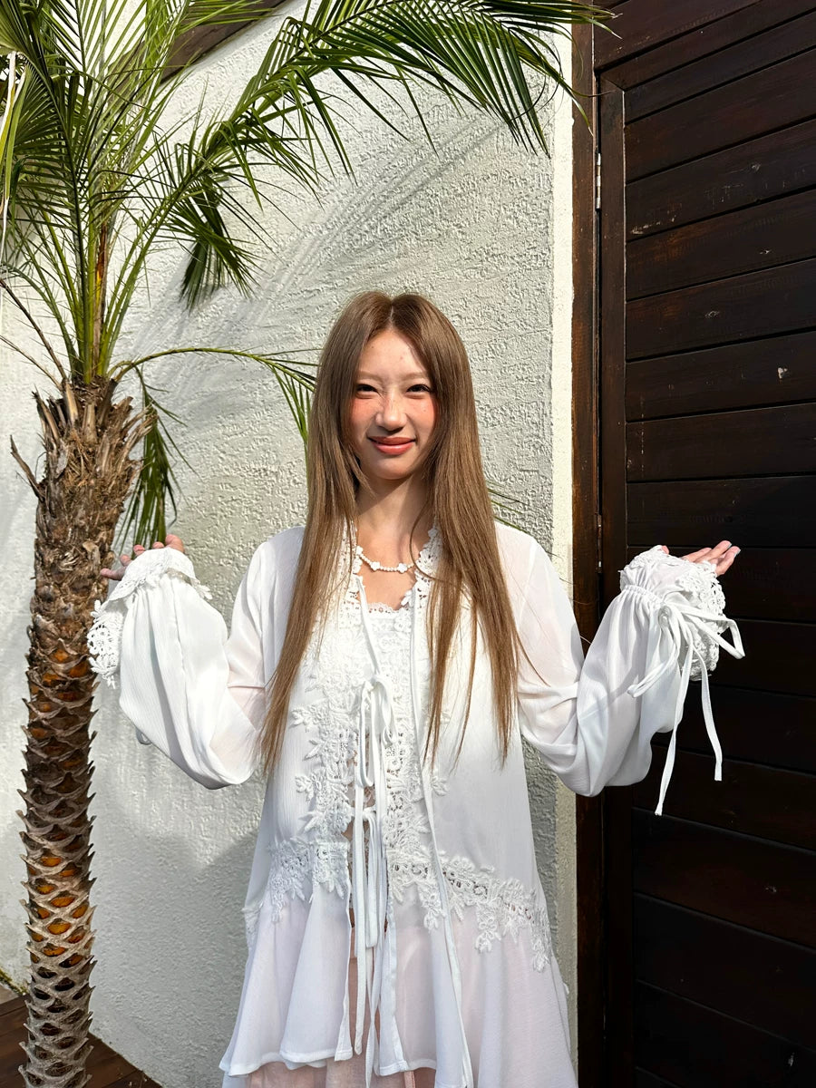french lace tie loose blouse 1color 【NINE7148】