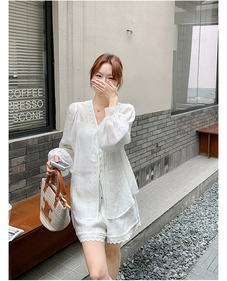 linen like lace shirt setup 1color 【NINE7118】
