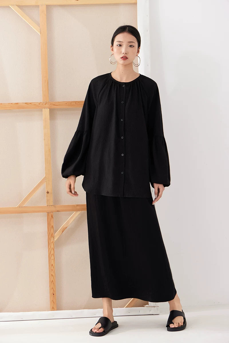 v-neck lantern sleeve loose shirt 1color 【NINE7224】