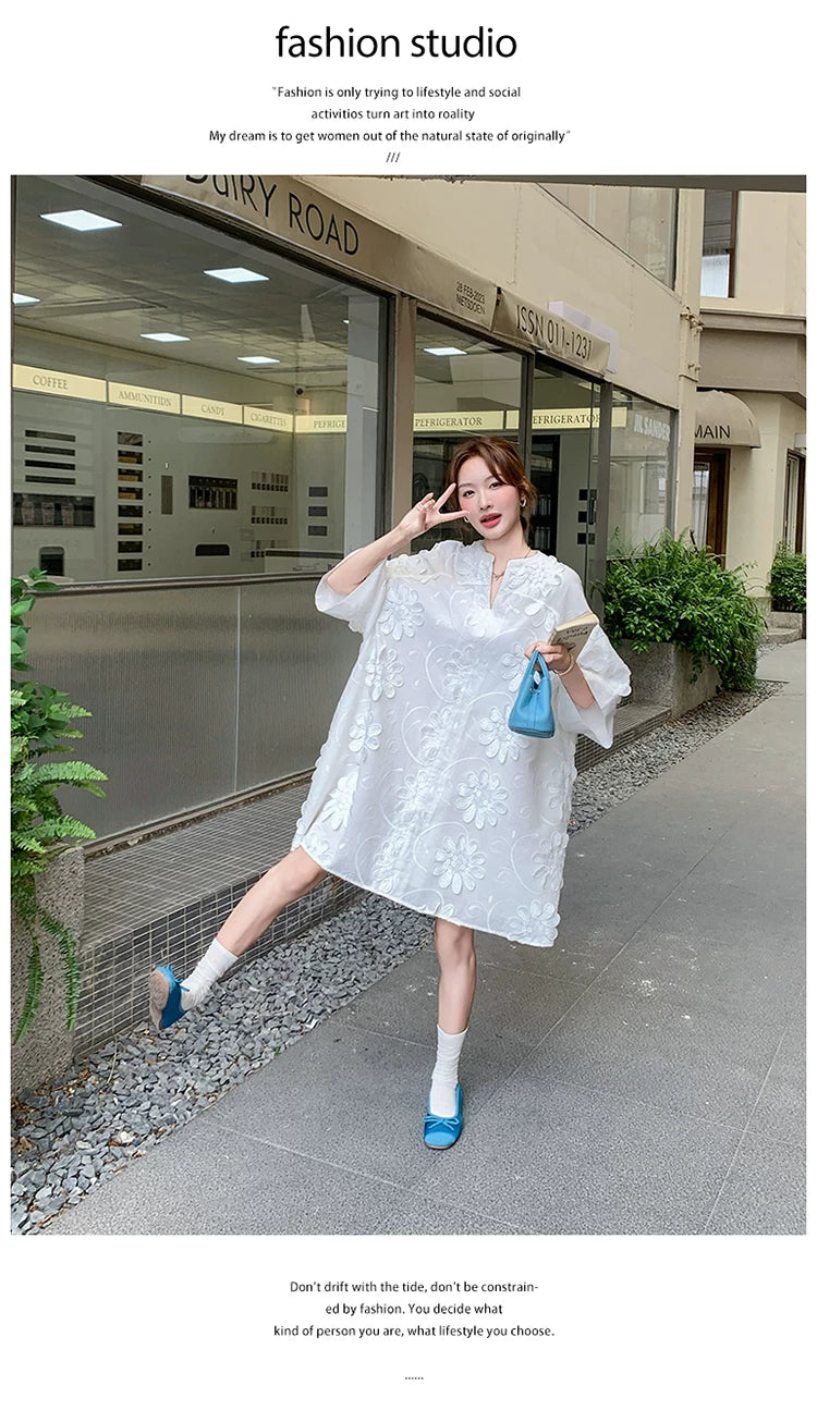 3D floral vneck loose dress 1color 【NINE7130】