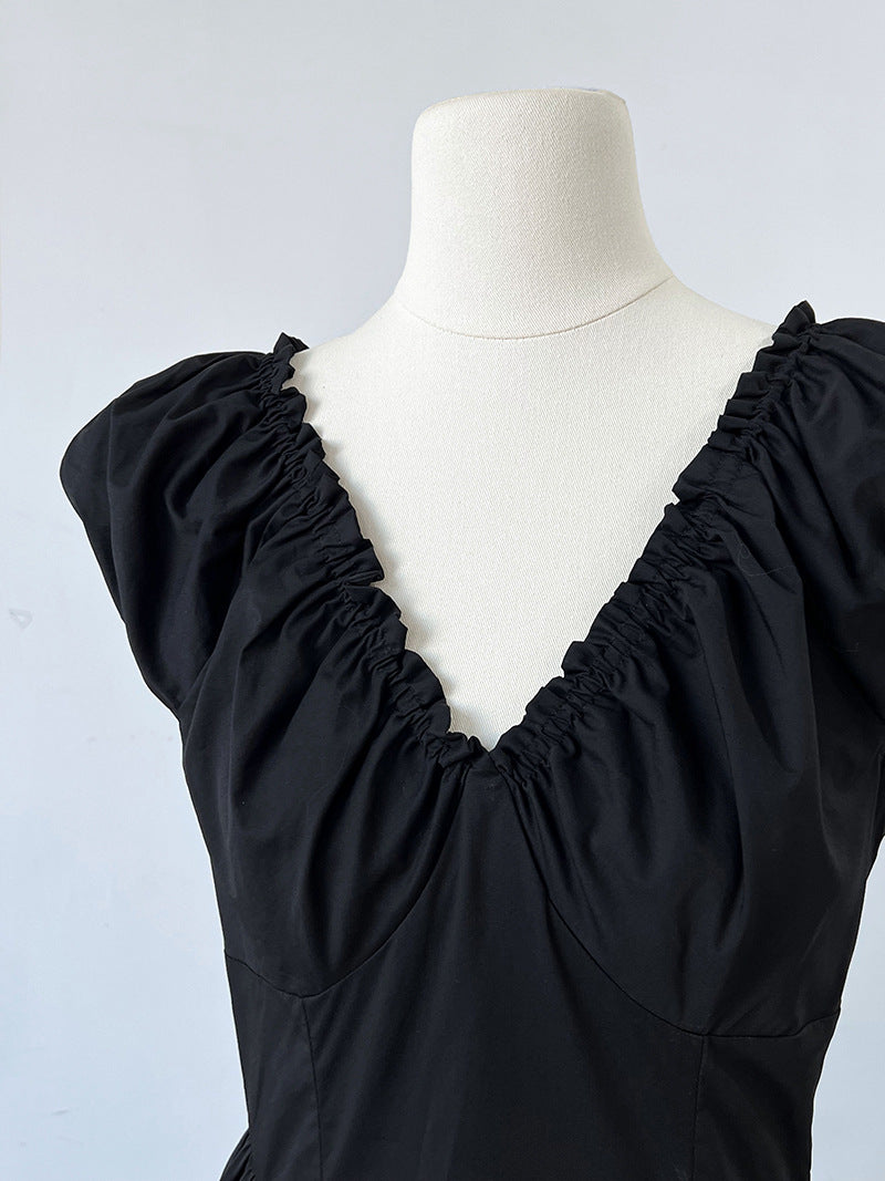 backless gathered puff sleeve dress 2color 【NINE7059】
