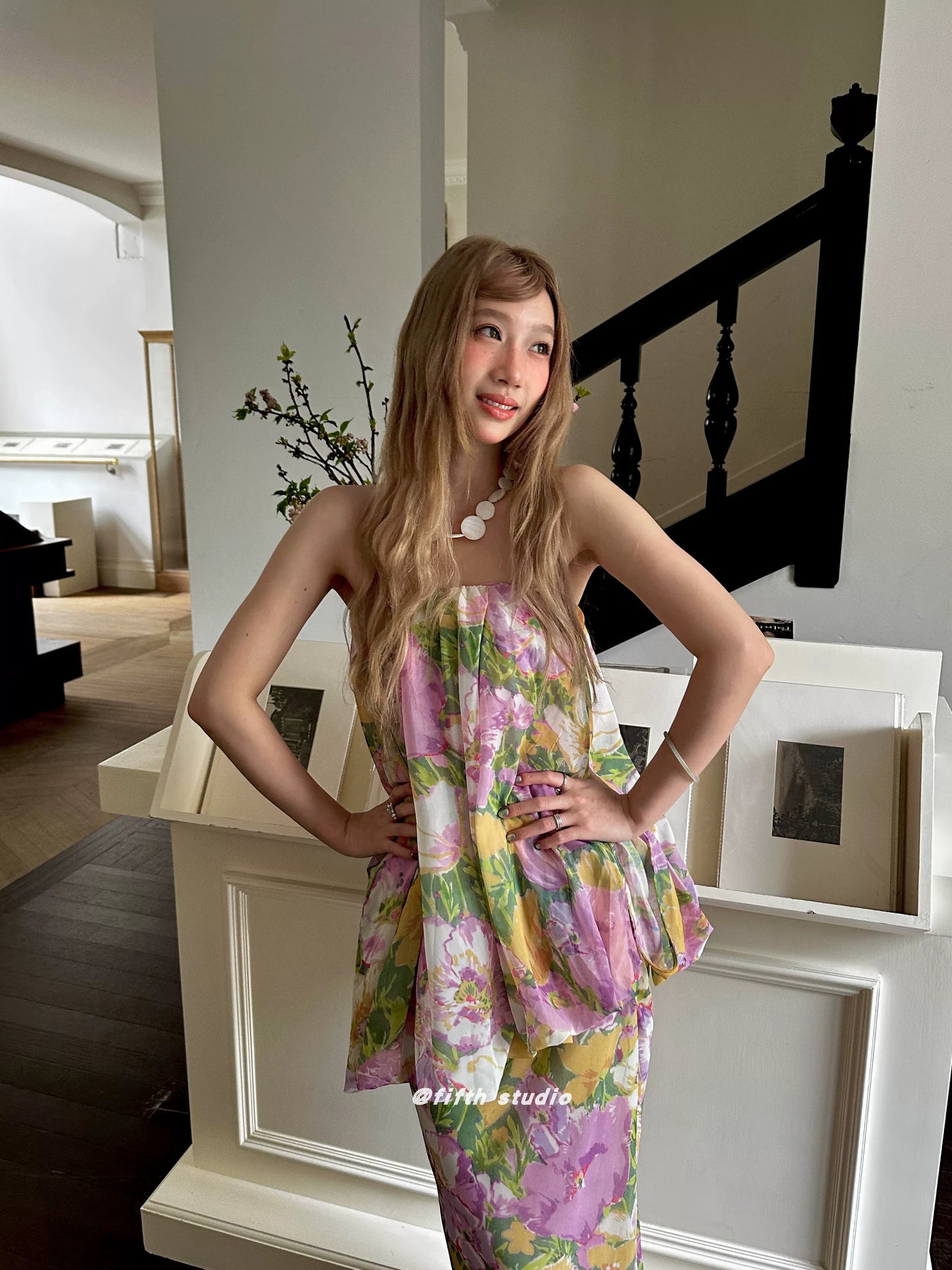 floral print tube top style fake two-piece long dress 1color 【NINE7147】