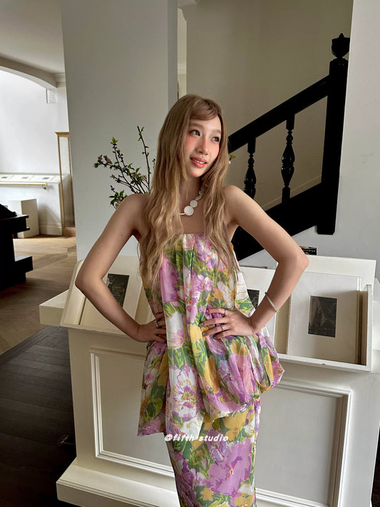 floral print tube top style fake two-piece long dress 1color 【NINE7147】