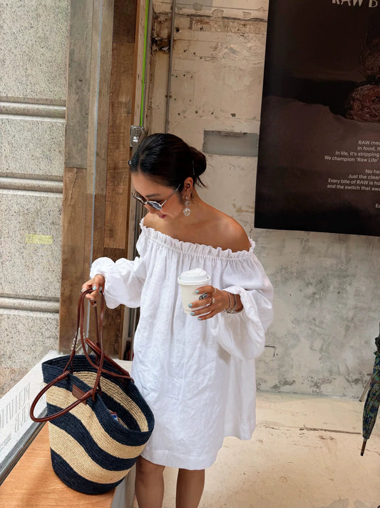 off shoulder ruffle linen mini dress 1color 【NINE7212】