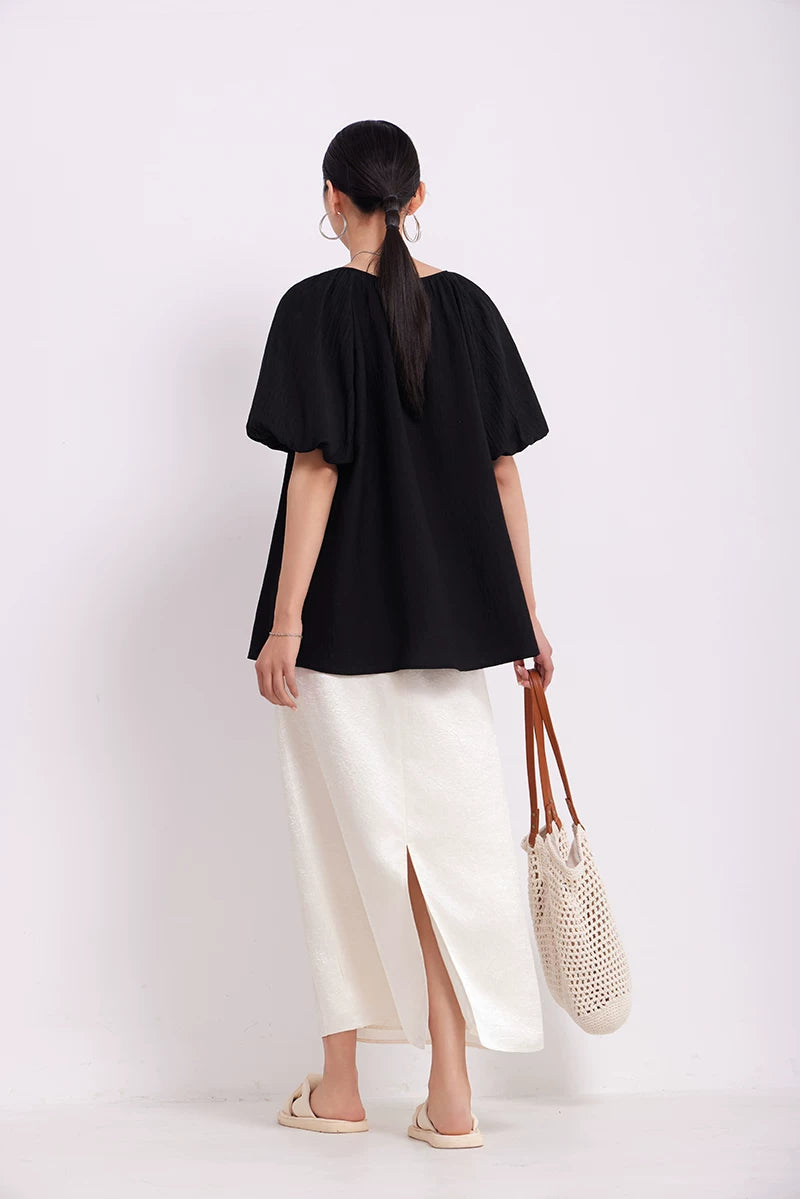 v-neck puff sleeve loose blouse 1color 【NINE7219】