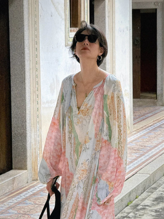 multi pattern V-neck long sleeve maxi dress 1color 【NINE7207】