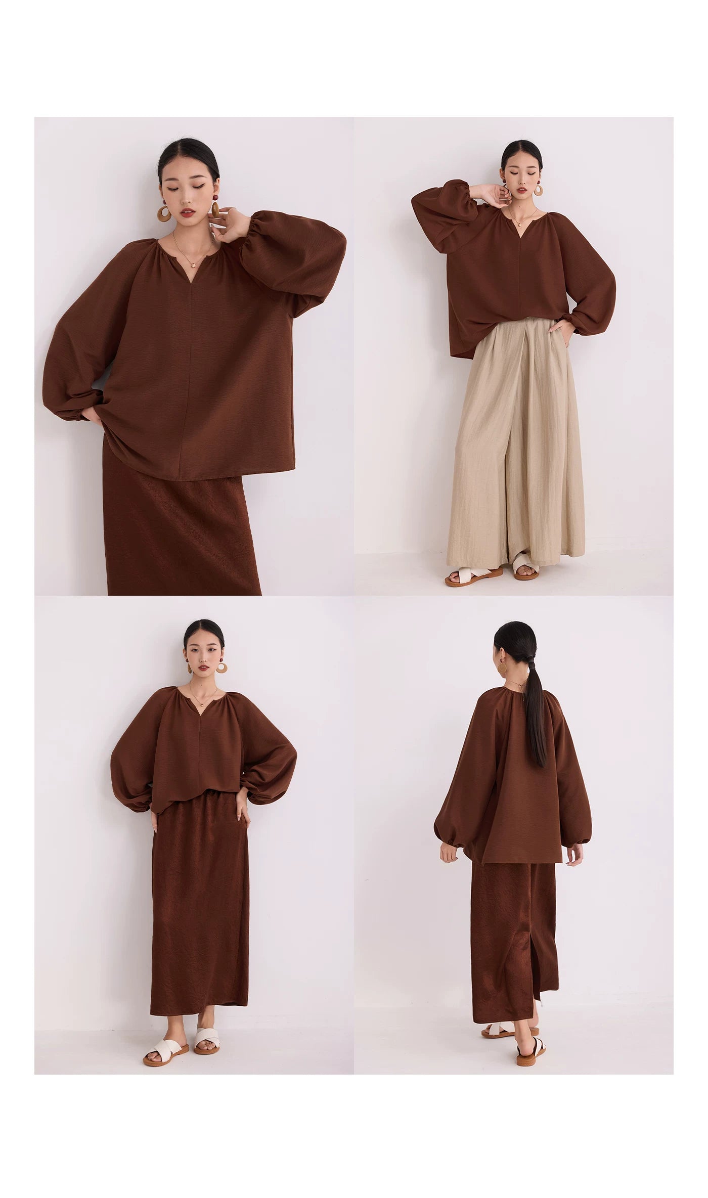 v-neck lantern sleeve loose blouse 14colors 【NINE7214】
