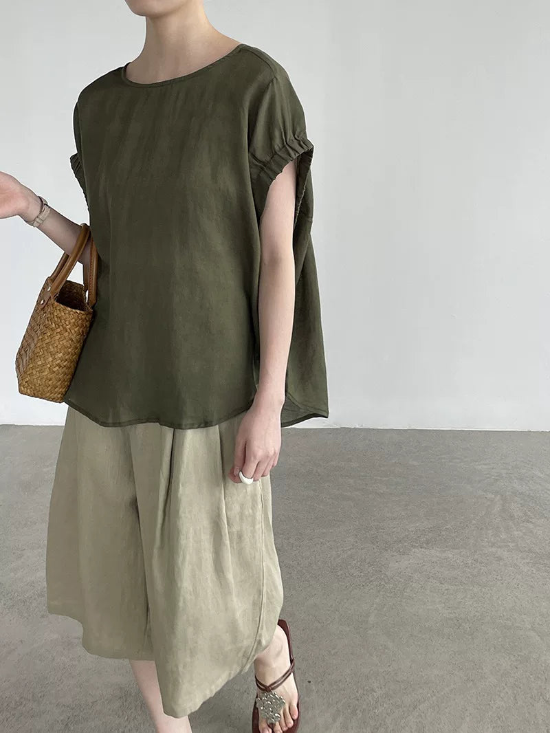 back button loose short sleeve blouse 3color 【NINE7021】