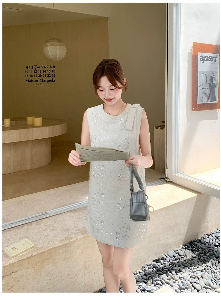 sequin ribbon tweed sleeveless mini dress 1color 【NINE7139】