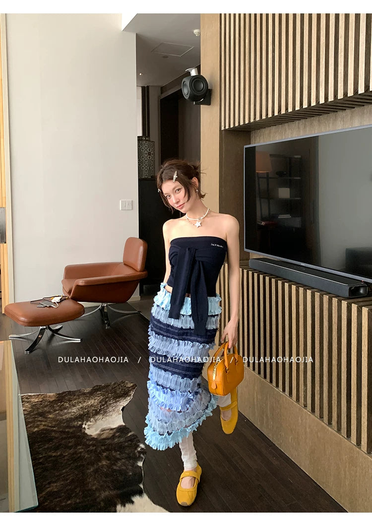 ruffle color block midi skirt 1color 【NINE7097】
