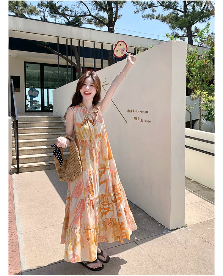orange print tiered sleeveless dress 1color 【NINE7136】
