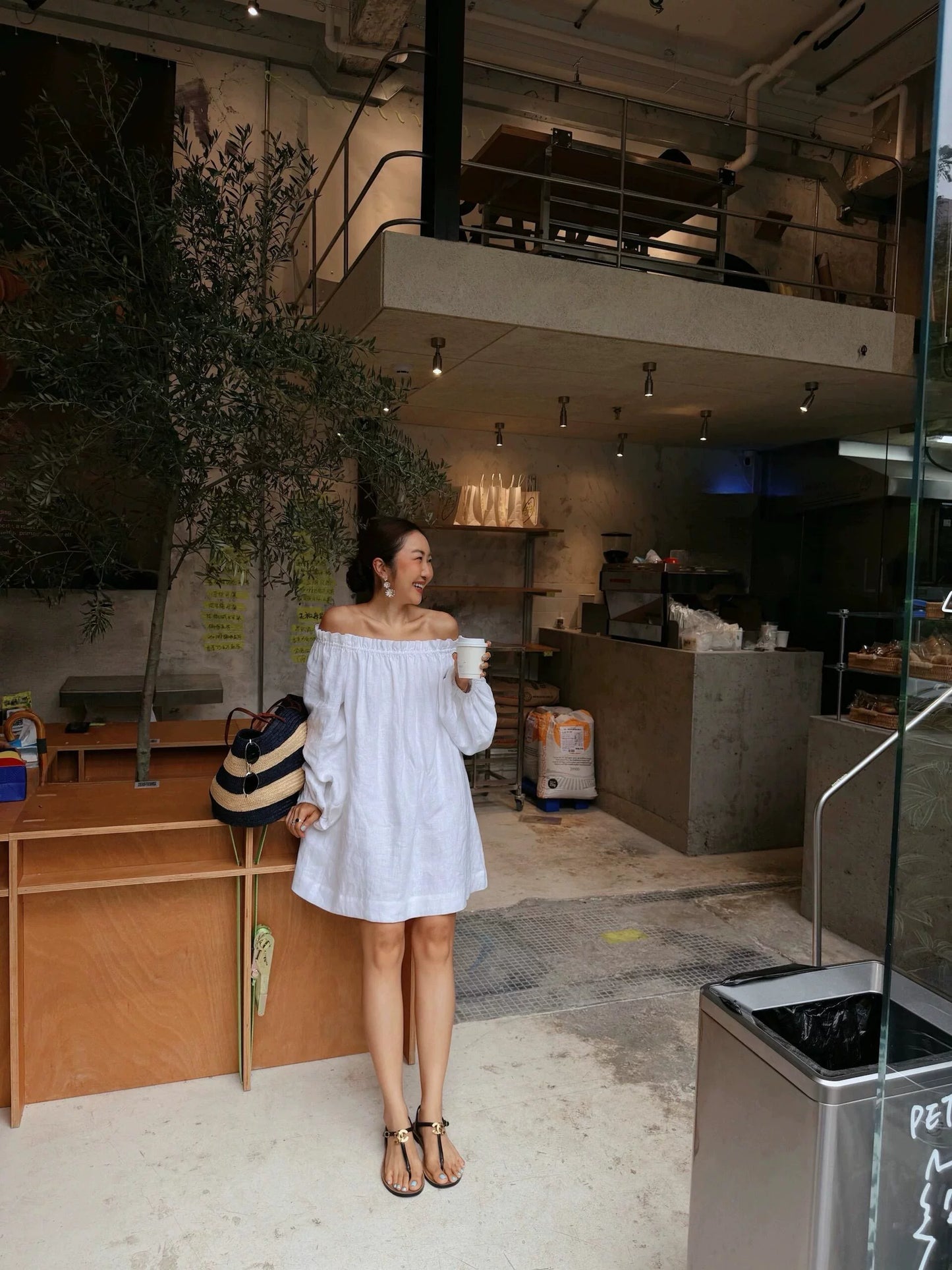 off shoulder ruffle linen mini dress 1color 【NINE7212】