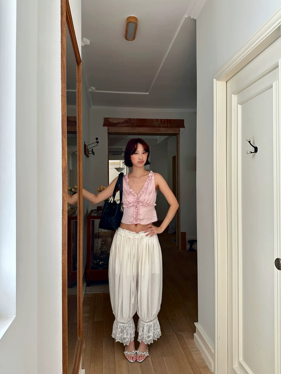 lace hem pleated loose pants 1color 【NINE7141】