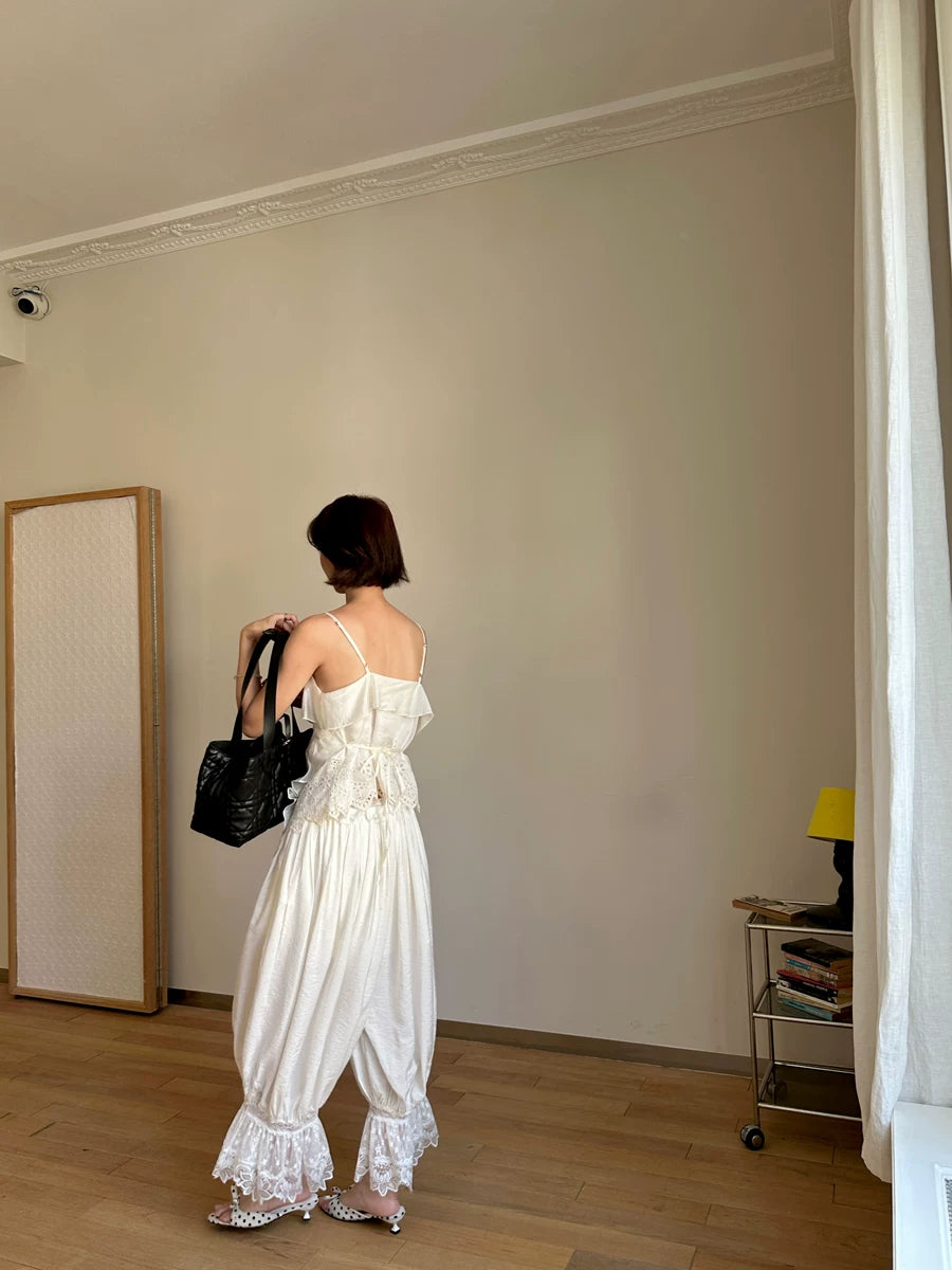 lace hem pleated loose pants 1color 【NINE7141】