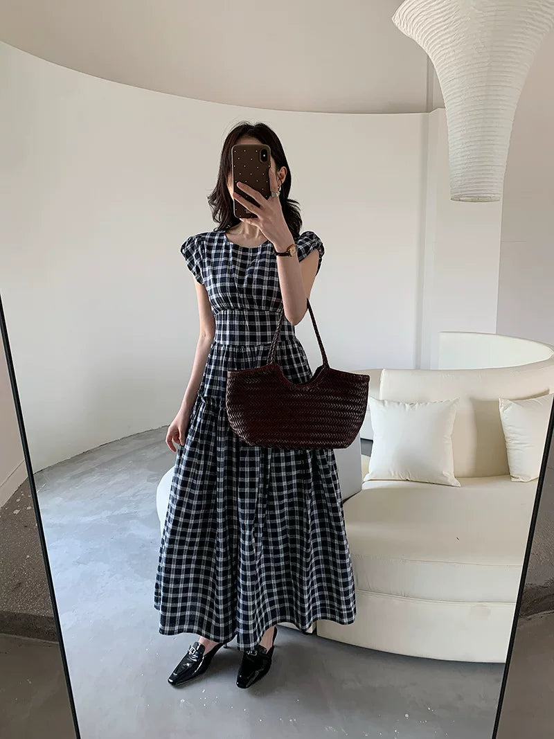 check tiered cap sleeve dress 1color 【NINE7066】