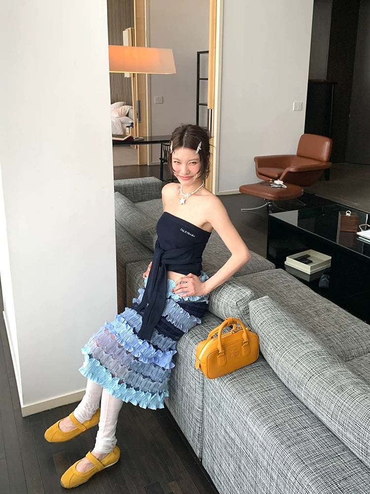 ruffle color block midi skirt 1color 【NINE7097】