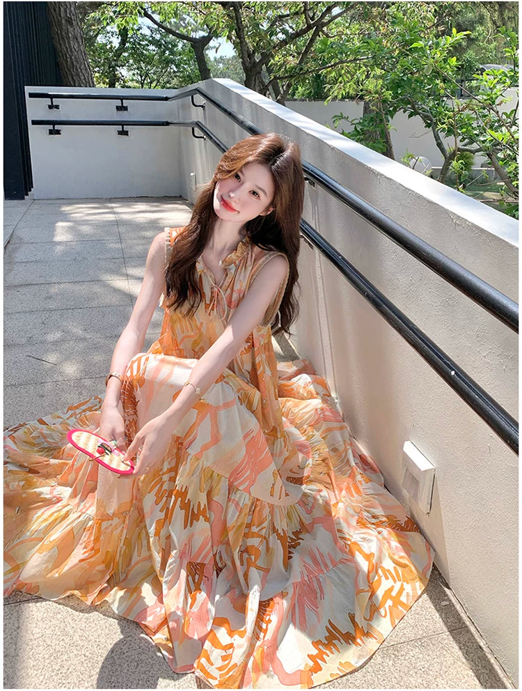orange print tiered sleeveless dress 1color 【NINE7136】