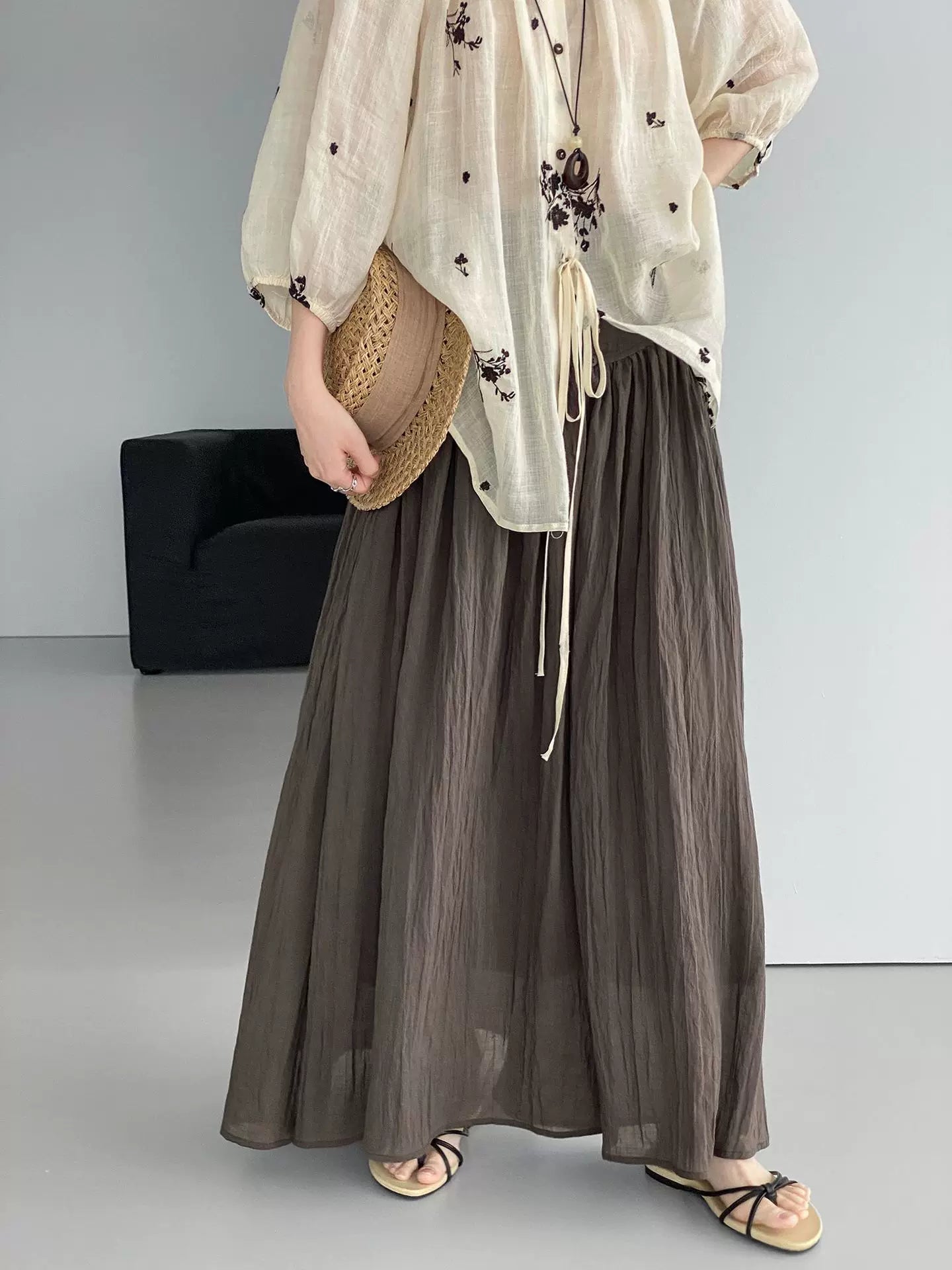yoke pleated flared long skirt 2color 【NINE7077】