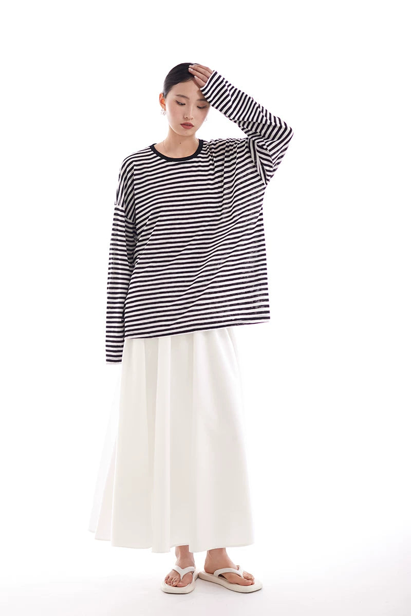 border crew neck loose long sleeve top 1color 【NINE7225】