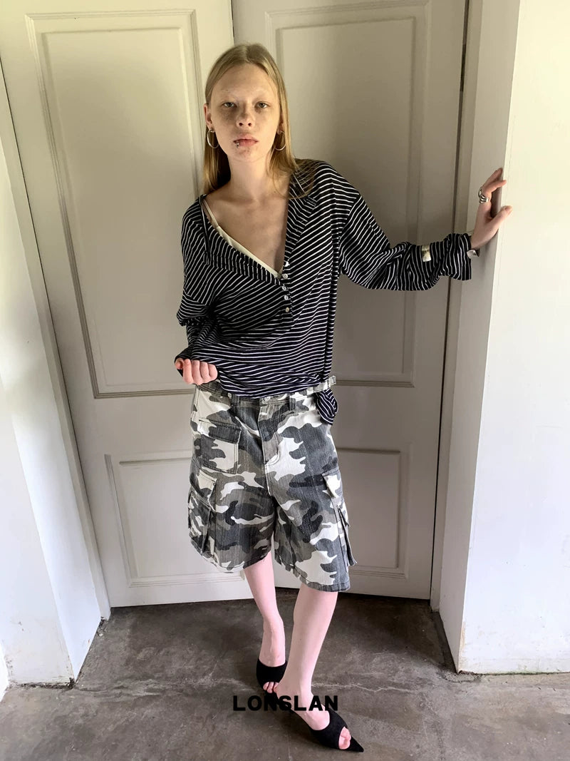 stripe deep v neck loose long sleeve top 2color 【NINE7017】