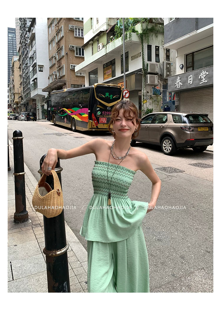 shirring bustier wide pants setup 1color 【NINE7095】