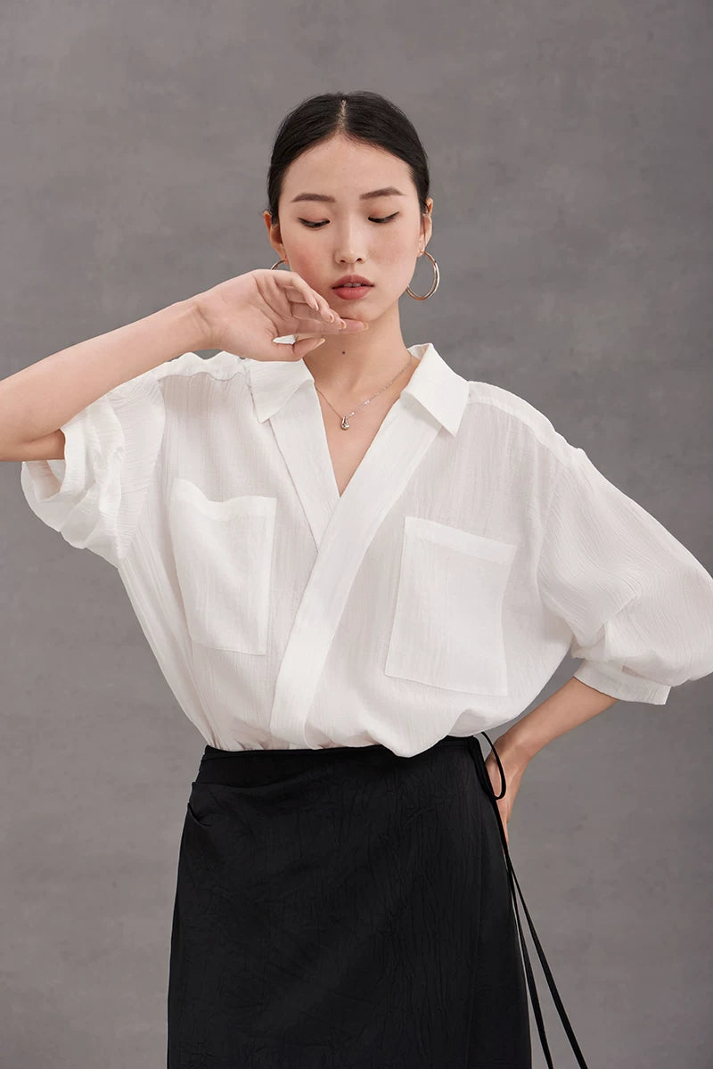 v-neck lapel puff sleeve shirt 3colors 【NINE7215】