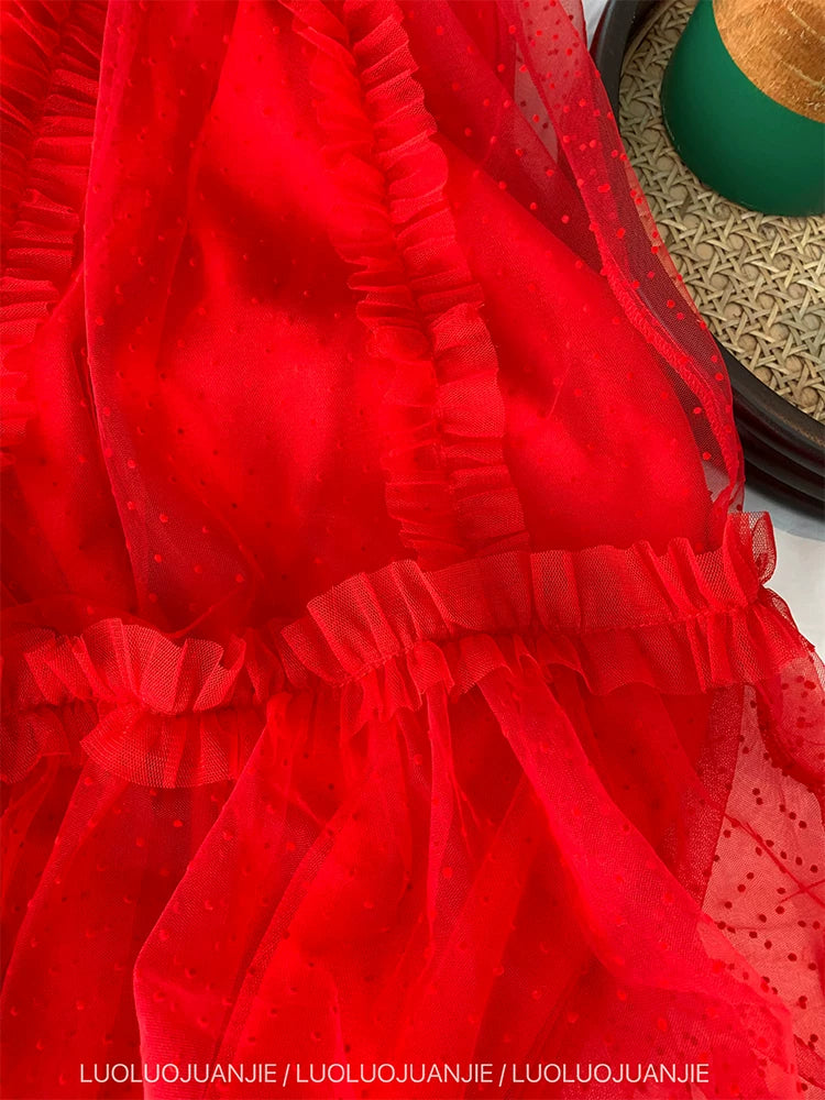 dot tulle ruffle tiered long skirt 1color 【NINE7205】