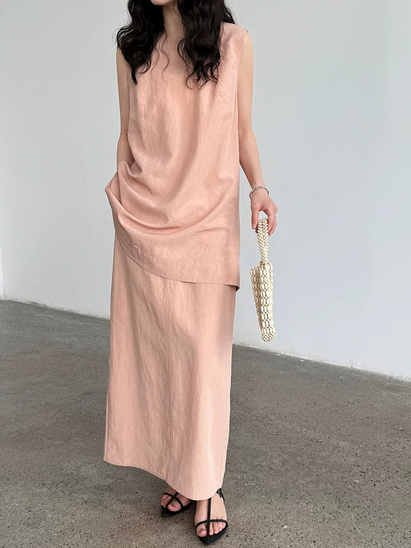 belted tunic skirt linen setup 2color 【NINE7075】