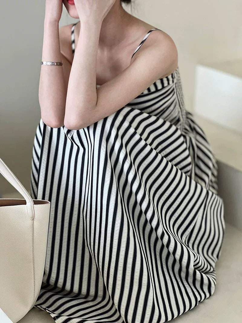 striped ruched camisole long dress 1color 【NINE7062】
