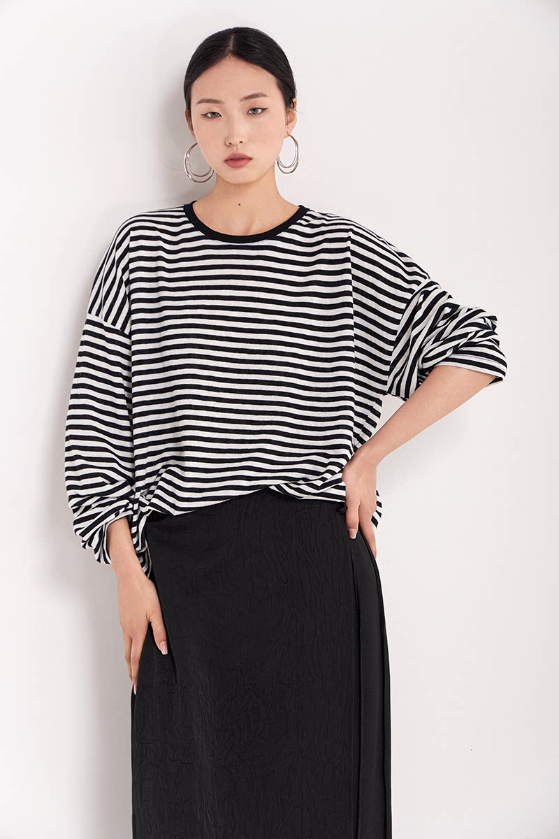 border crew neck loose long sleeve top 1color 【NINE7225】