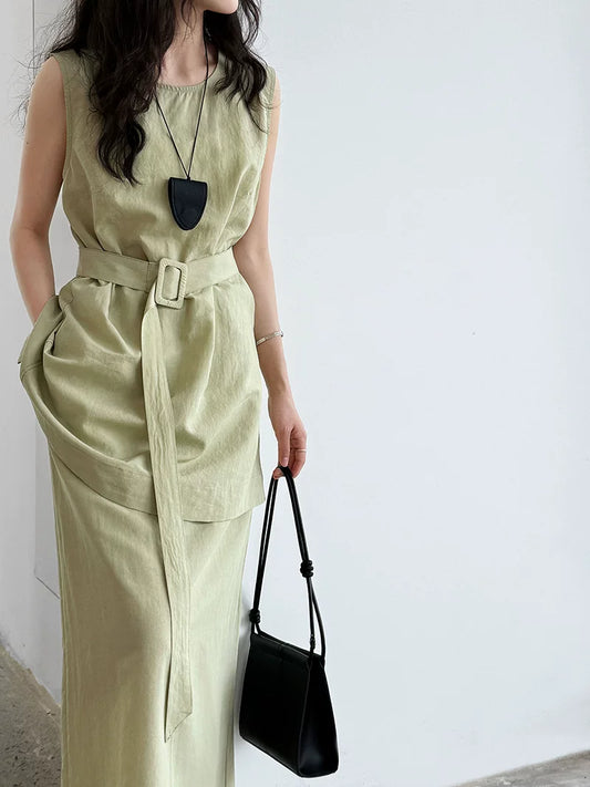 belted tunic skirt linen setup 2color 【NINE7075】