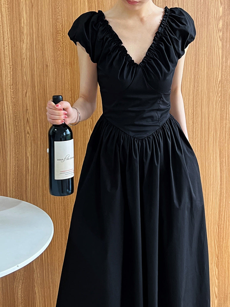 backless gathered puff sleeve dress 2color 【NINE7059】