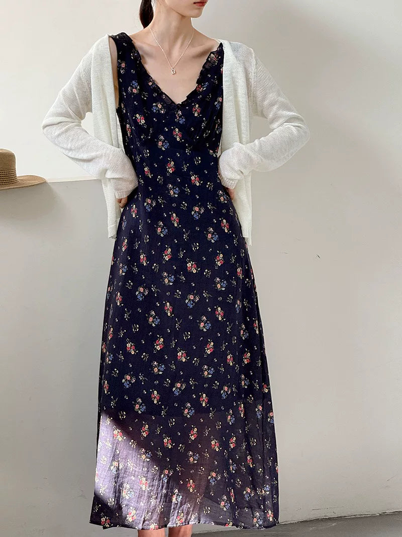 backless floral linen camisole dress 1color 【NINE7024】