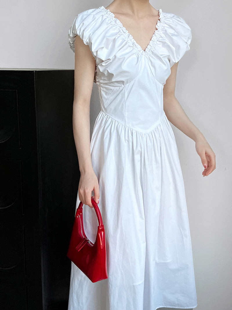 backless gathered puff sleeve dress 2color 【NINE7059】