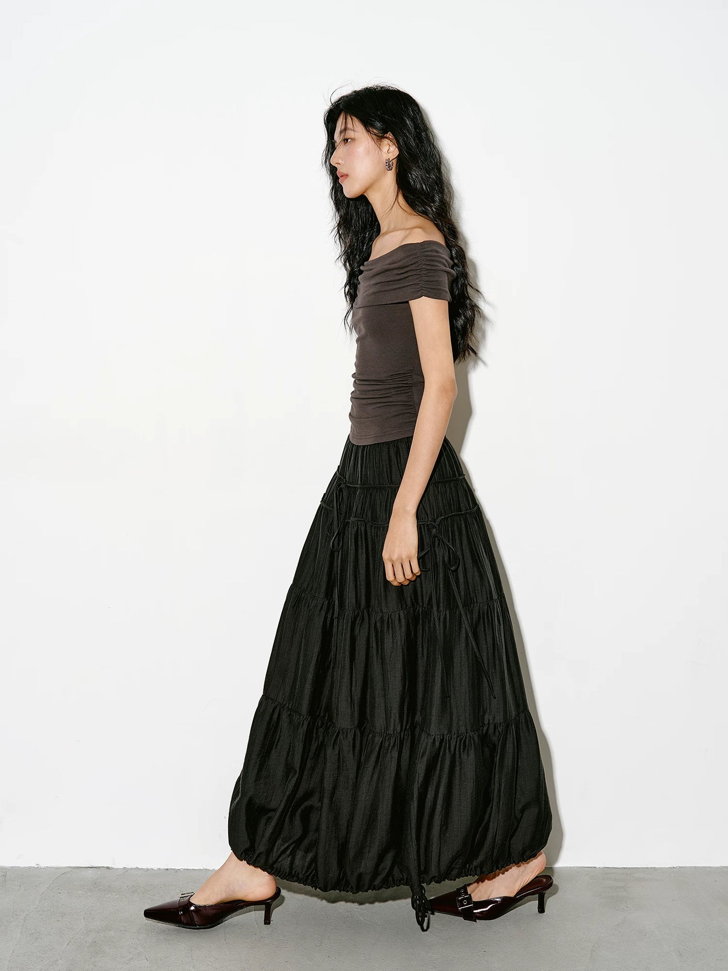 drawstring tiered balloon long skirt 1color 【NINE7229】