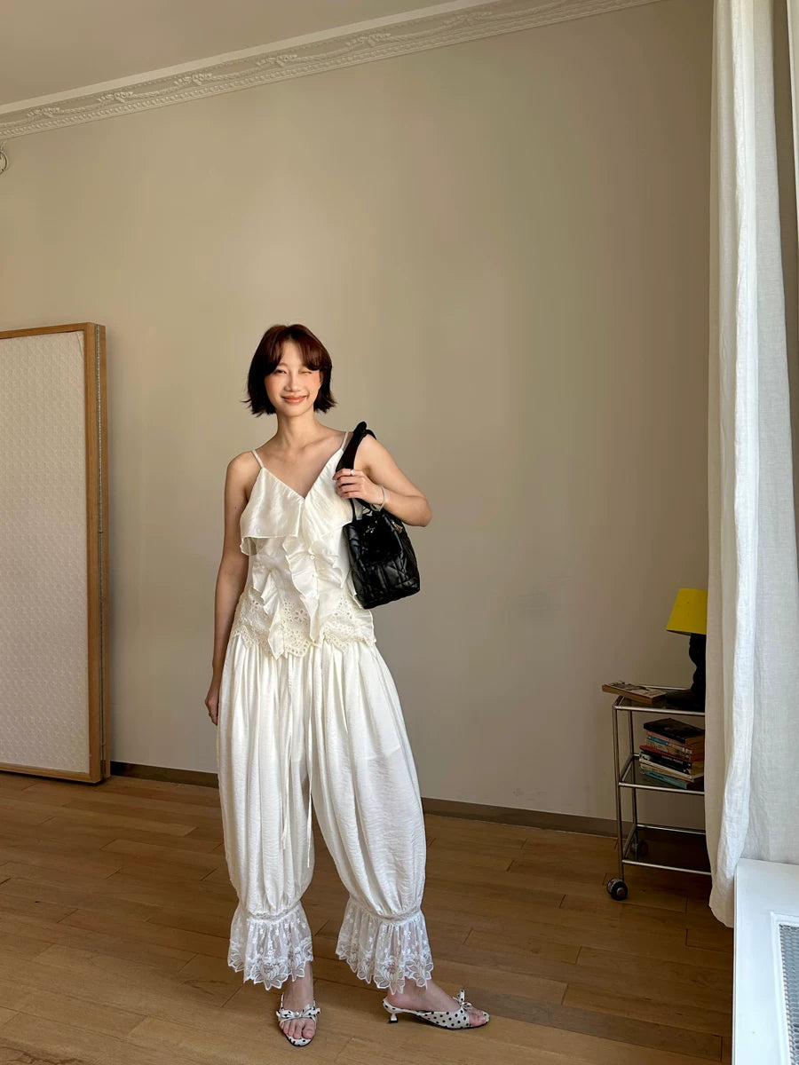 lace hem pleated loose pants 1color 【NINE7141】