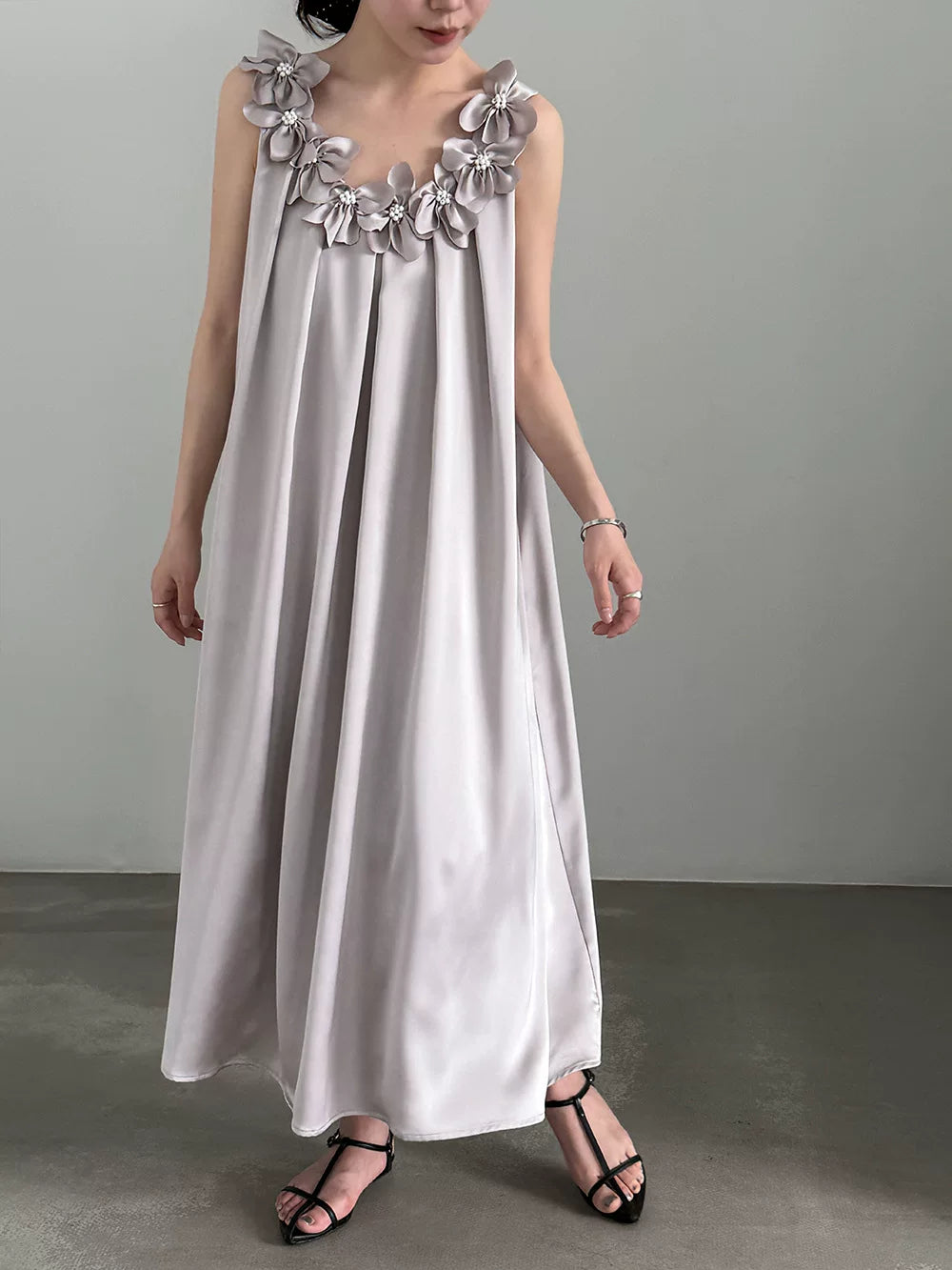 flower applique satin long dress 2color 【NINE7087】