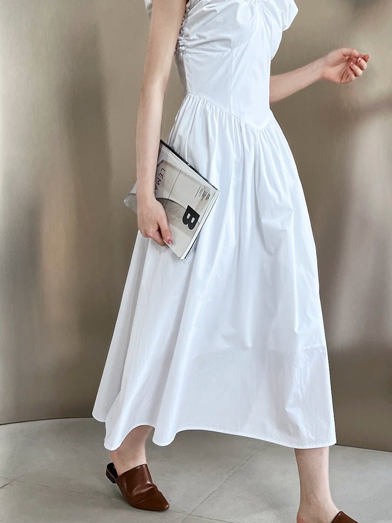 backless gathered puff sleeve dress 2color 【NINE7059】