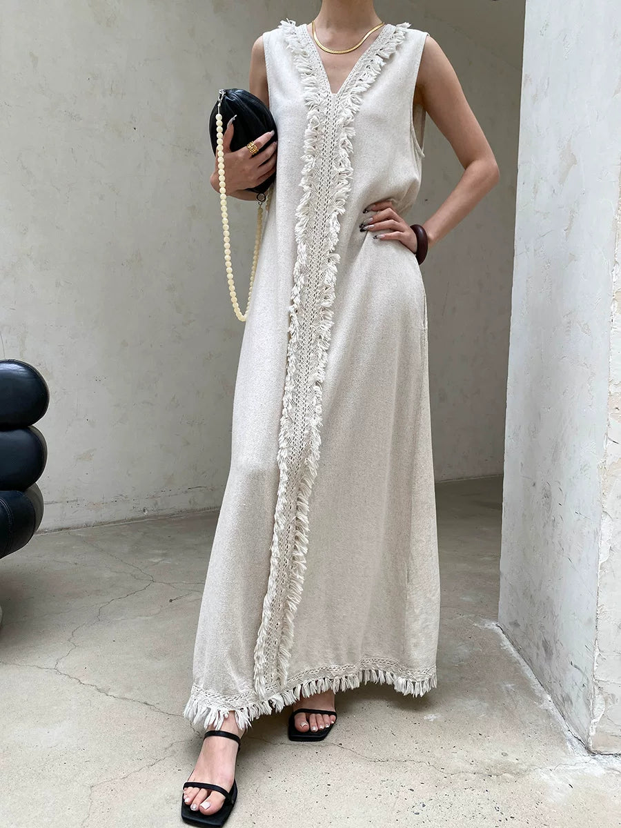 fringe sleeveless long dress 2color 【NINE7057】