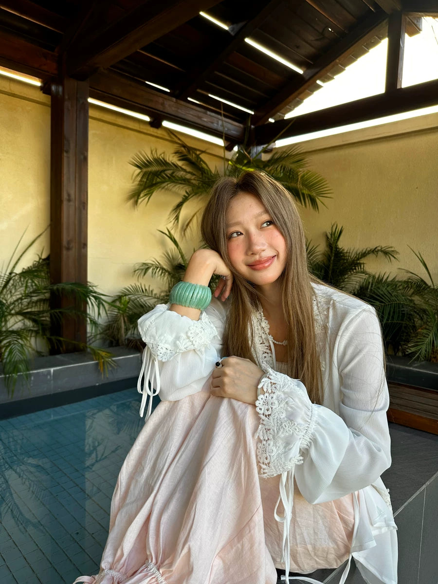 french lace tie loose blouse 1color 【NINE7148】