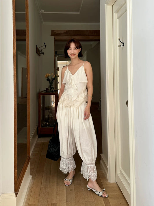 lace hem pleated loose pants 1color 【NINE7141】