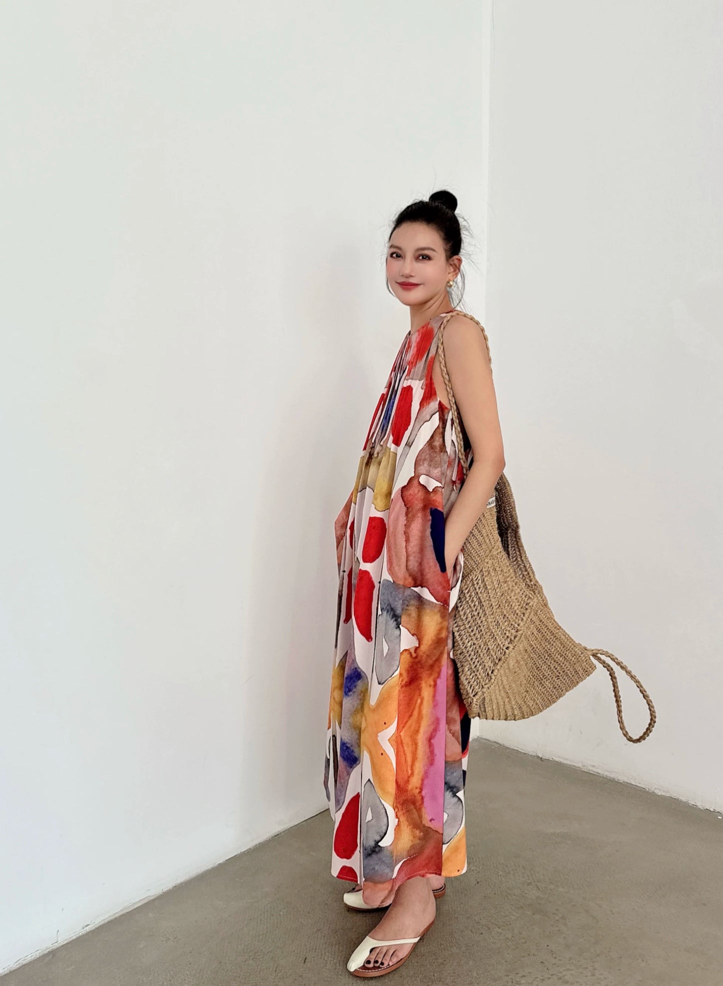 oil painting print sleeveless long dress 1color 【NINE7041】