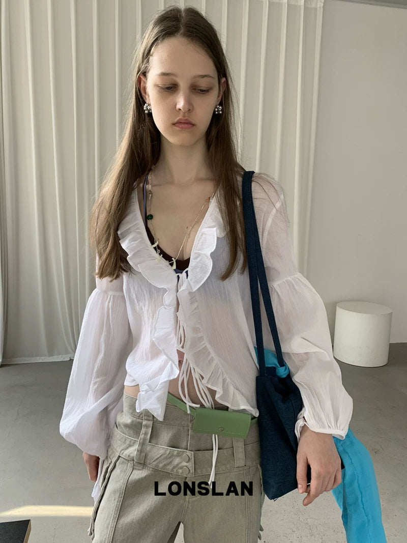 v neck ruffle long sleeve blouse 1color 【NINE7012】