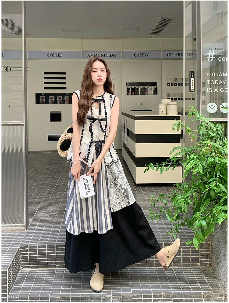 patchwork asymmetric skirt vest setup 1color 【NINE7113】