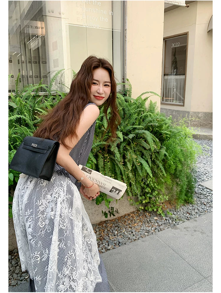 stripe lace fake twopiece dress 1color 【NINE7129】