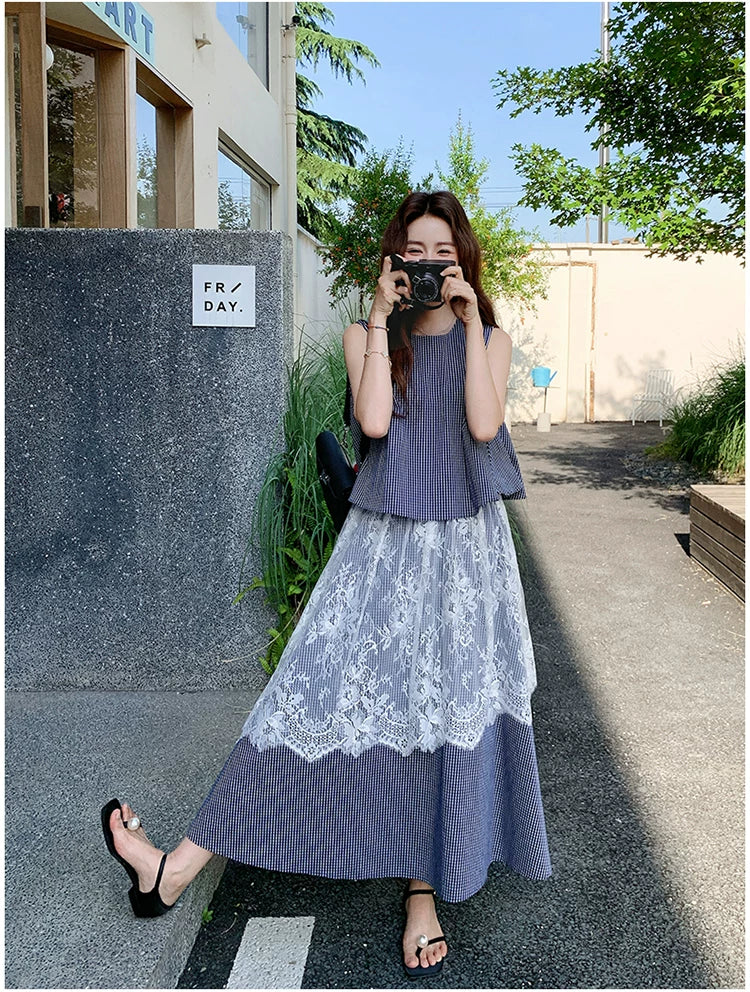 stripe lace fake twopiece dress 1color 【NINE7129】