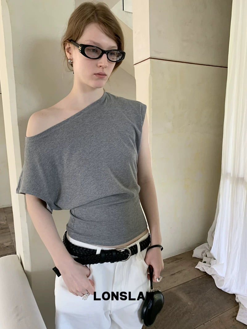 off shoulder asymmetric drape top 3color 【NINE7014】