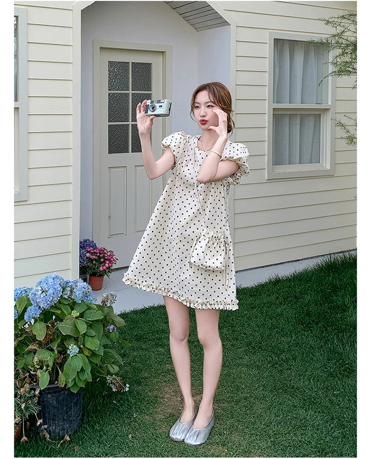 dot puff sleeve mini dress 1color 【NINE7137】