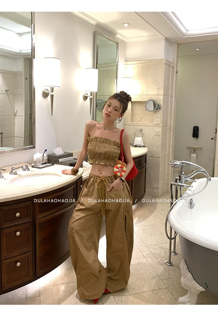 shirring bandeau check pants setup 1color 【NINE7096】