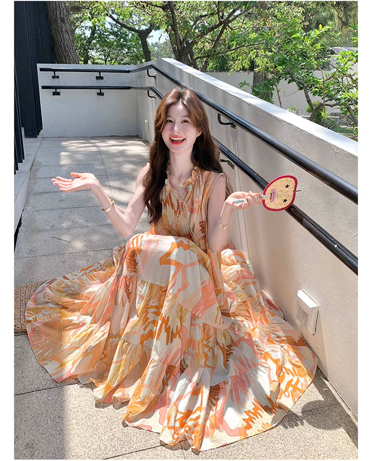 orange print tiered sleeveless dress 1color 【NINE7136】
